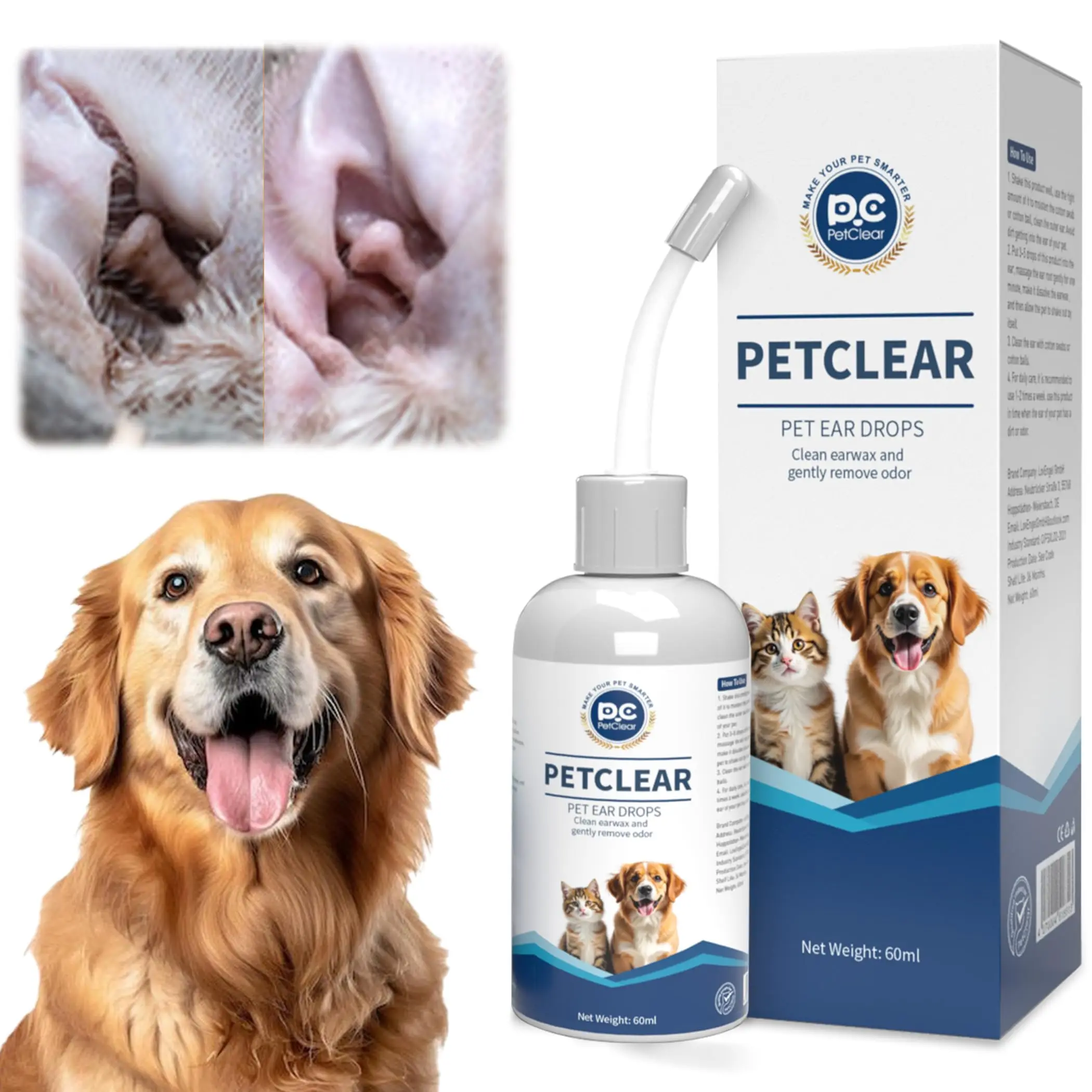 PetClear 60 ml de gotas para los oídos naturales: cuidado de los oídos para perros y gatos, eliminación de ácaros/cera/olor, alivio de la picazón, sin picazón/residuos, cuentagotas suaves