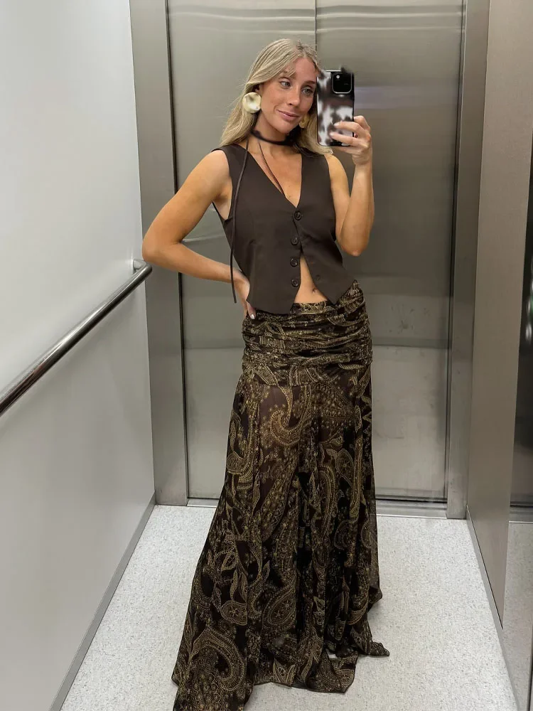 2025 autumn European and American style waist pleated design printed large swing skirt