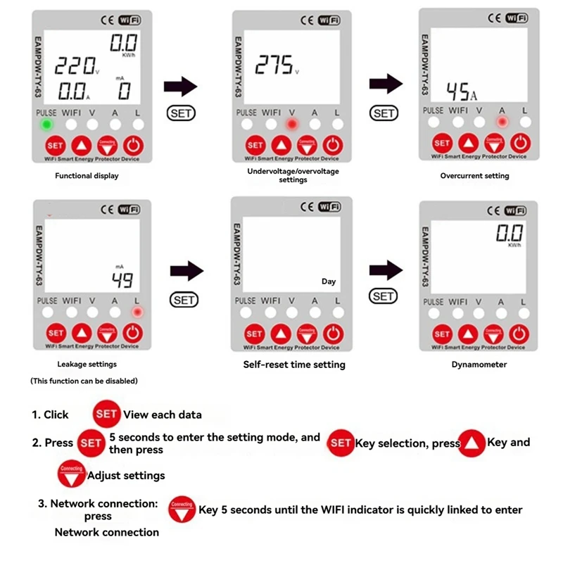 2P 63A TUYA Wifi Smart Protector Relay Device Switch Breaker Earth Leakage Over Under Voltage Energy Power Kwh Meter