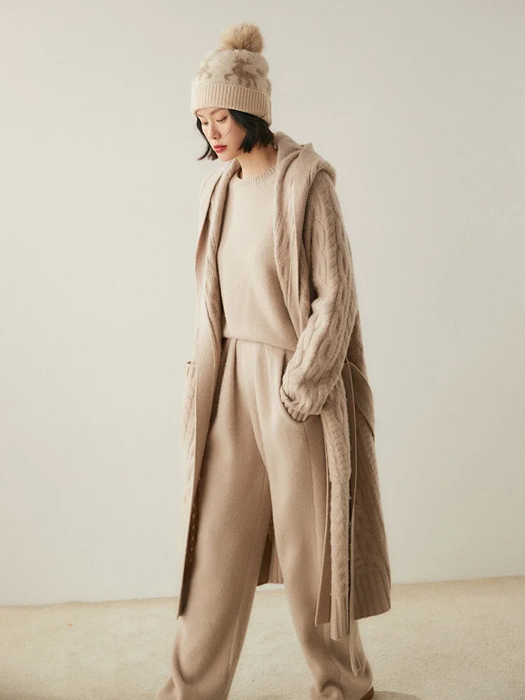 Tcyeek Women's 100% Cashmere Sweater Cable Knitting Long Cardigan Thick Hoodie Casual Style Cashmere Knitted Coat Autumn Winter