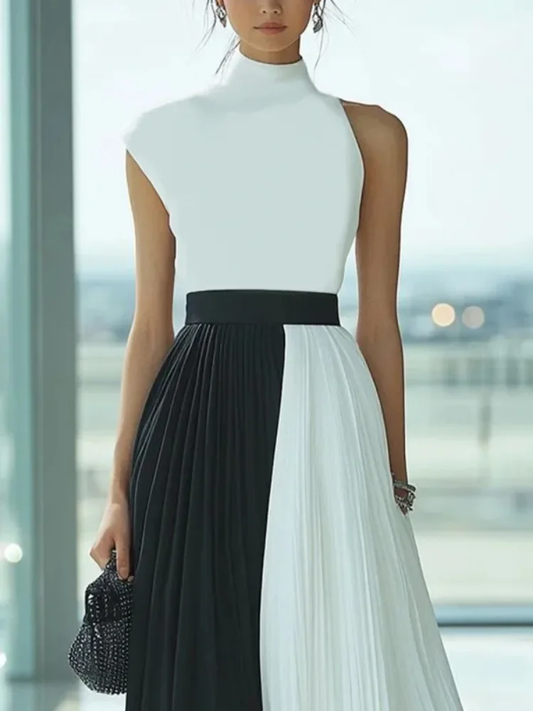 Missuoo 2025 Elegantes Abendkleid für Damen, Stehkragen, ärmellos, plissiert, Maxikleid, Kontrastfarbe, hohe Taille, Brautkleider