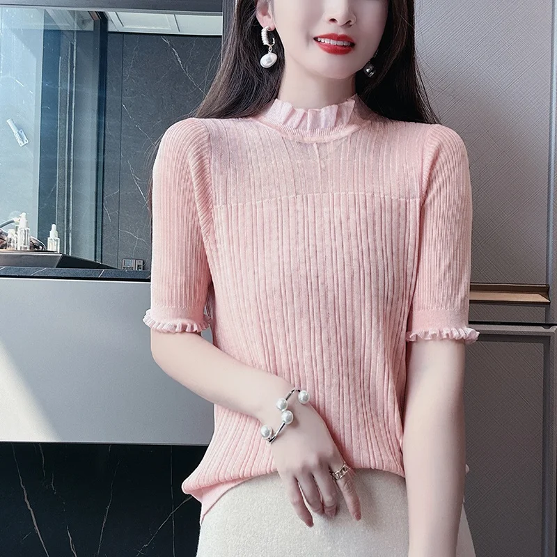 

Summer New Hollow Out Lace Knitted Small Shirt Slim Fit Half Sleeve Lace Round Neck Top Design Sense Fashion Women's Wear Inner