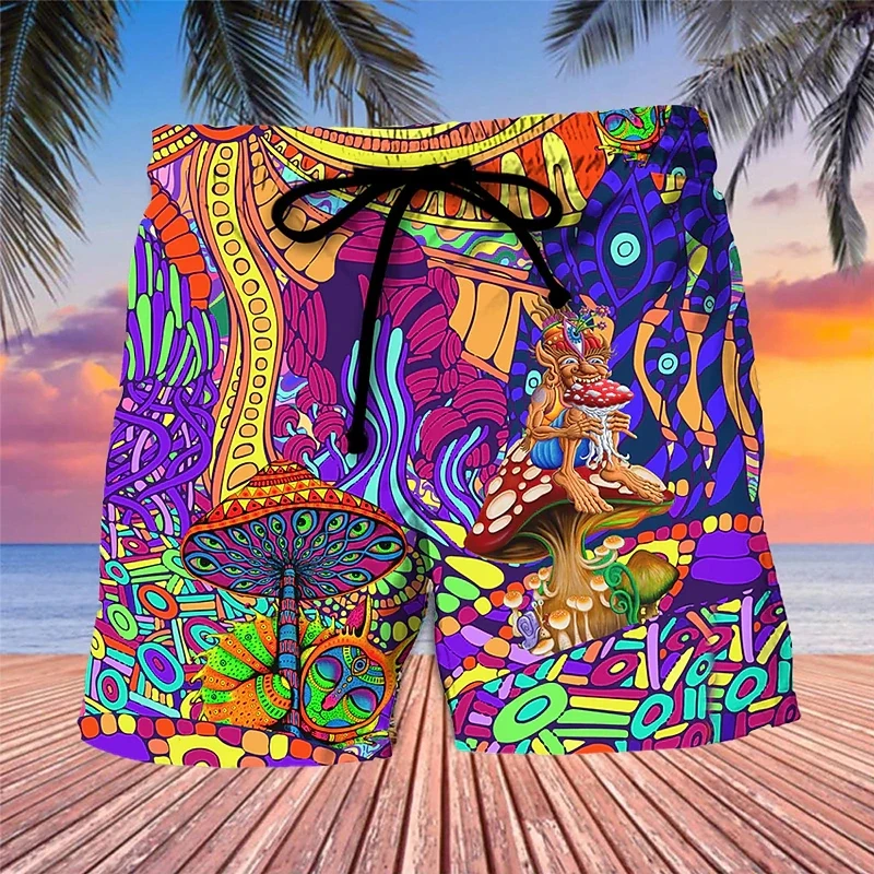 Calça curta masculina com gráfico cogumelo abstrato, shorts de praia para férias no Havaí, baús hip hop, bermudas coloridas, boardshorts, roupas