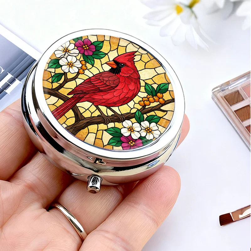 Three-Compartment Metal Pill Box, Portable Travel Medicine Organizer, Small Pocket-Sized Pill Case, Red Bird Pattern Painted Glass Floral Mosaic Design Decorative Vitamin Storage Container, Unique Creative Birthday Gift, Suitable for Women