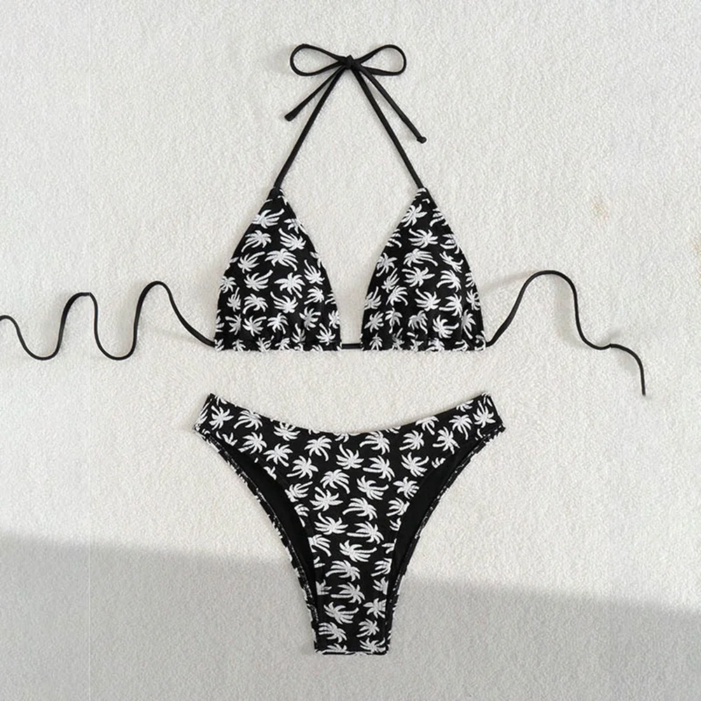 1 conjunto senhoras preto biquíni novo floral impresso split maiô feminino sexy halter push up cintura alta hoiday banho