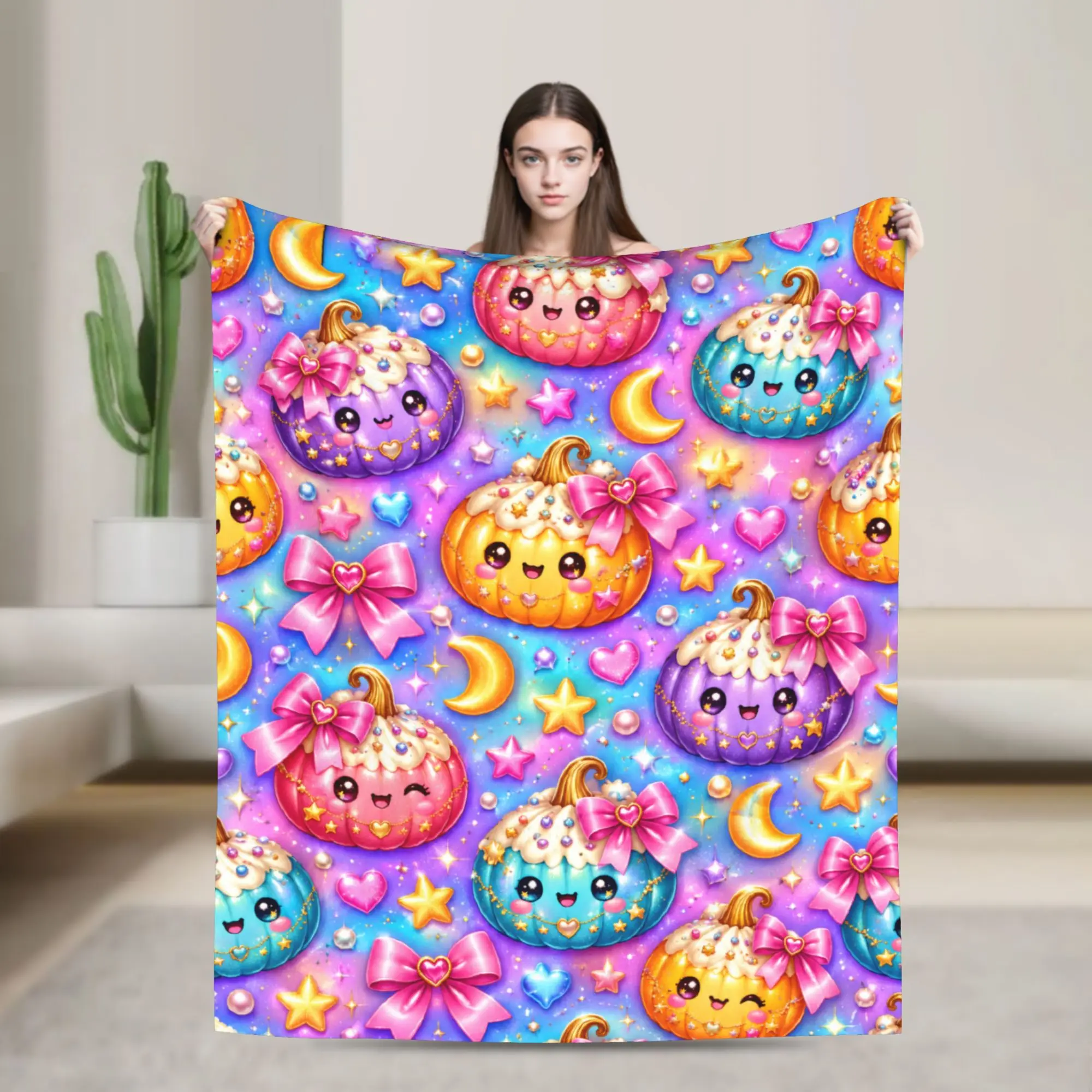 1pc Rainbow Star Sky Cartoon Xiaolongbao Bowknot themed Plush Blanket Flannel Throw Blanket For Home Decor Warm Soft Bedspread