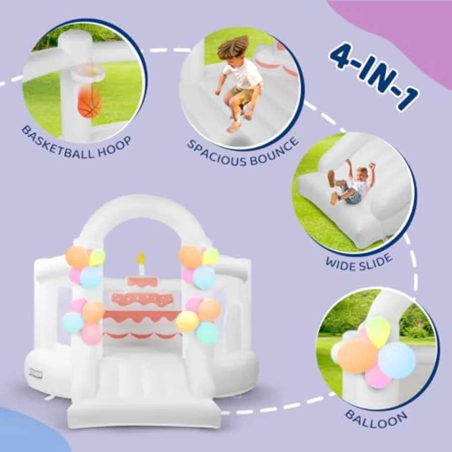 Casa de rebote para niños (12 pies x 10 pies x 7,2 pies) con tobogán, globos, bóveda espaciosa, casa de rebote blanca para fiesta de cumpleaños infantil con Bu