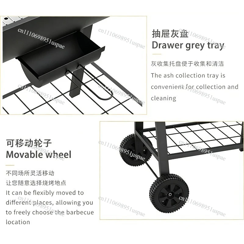Large BBQ Grill Cart Outdoor Heavy Duty Portable Barbecue Trolley Camping Stove with Wheels American Style Smoker Pit