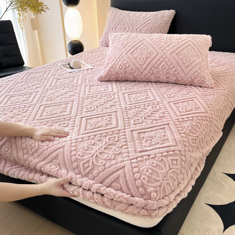 3D Embossed Velvet Bed Cover Thick Warm Plush Fitted Bed Sheet Non-Slip Elastic Mattress Cover 100/120/140/160x200 Protector