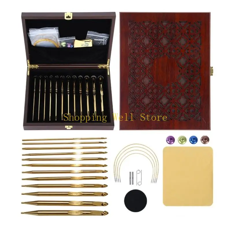 

KX4B Various Size Golden Crochet Set Sturdy Aluminum Craft Accessories With Portable Case for Handmade Weaving