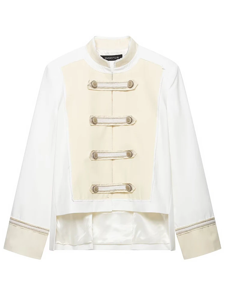 HH Vintage Royal Military Trim Cropped Jacket Spring Fall White Beige Color Block Stand Collar Decor Button Coat For Daily Prom