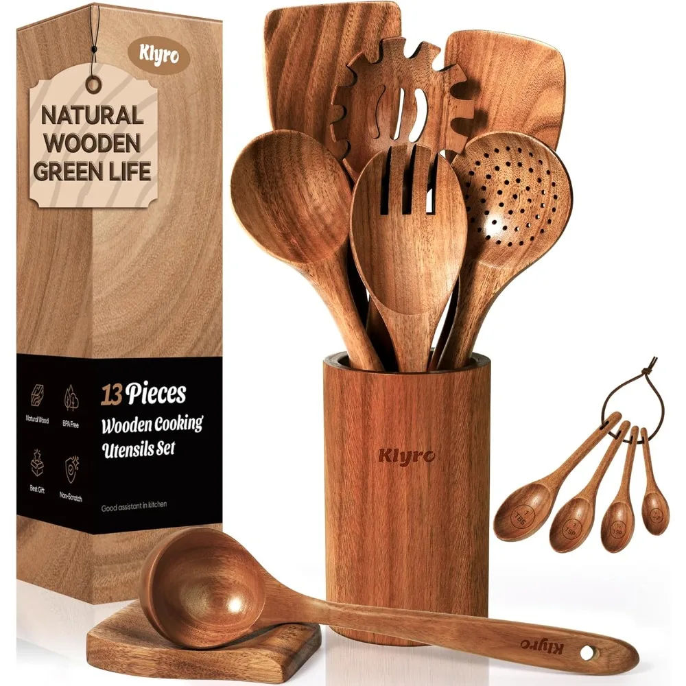 

wooden spoons for cooking, nonstick kitchen utensils set with 4 piece measuring spoons, comfort grip wooden spatula set, 9 piece