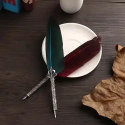 Vintage Luxury Feather Pen English Calligraphy Signature Pen Tool European Retro Metal Pen Holder Round Base Writing Accessories