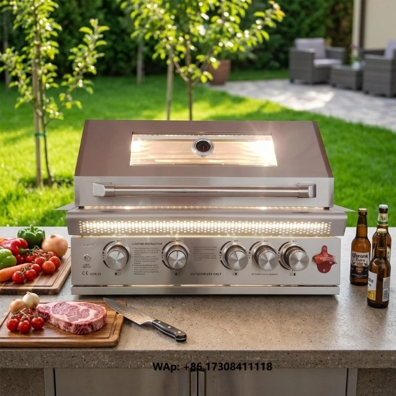 Five Burner Stainless Steel Auto Ignition Smokeless Outdoor BBQ Grill Temperature Control Windows Thermometers for 5+ People