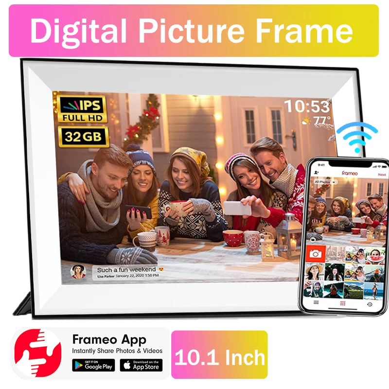 Frameo 10.1 Inch WiFi Digital Picture Frame 1280x800 HD IPS Touch Screen Digital Photo Frame Electronic 32GB Memory Auto-Rotate