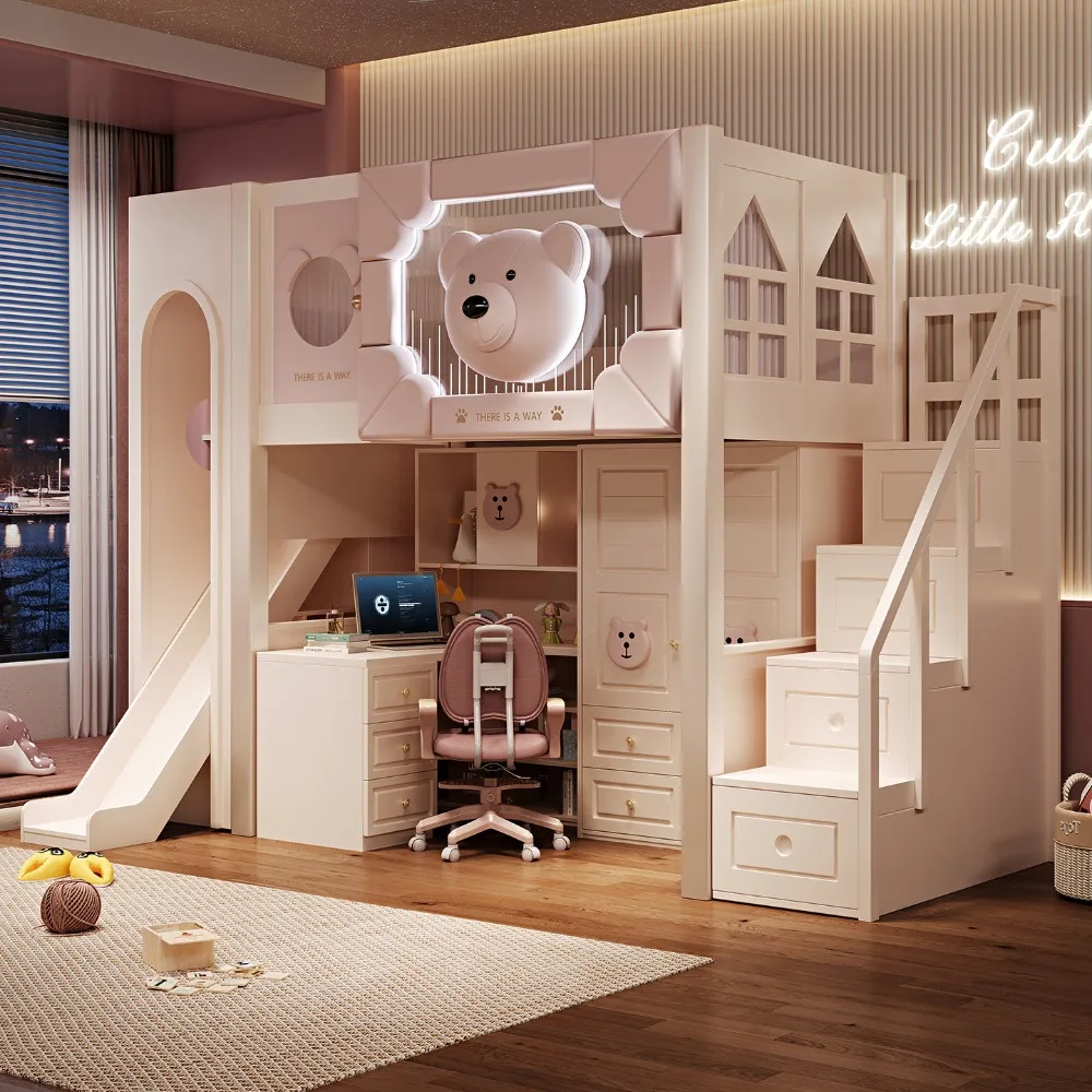 Cama Alta con Escritorio Integrado, Cama Tipo Loft que Ahorra Espacio, Cama con Escritorio Combinado para Habitaciones Pequeñas, Muebles para Dormitorio Infantil
