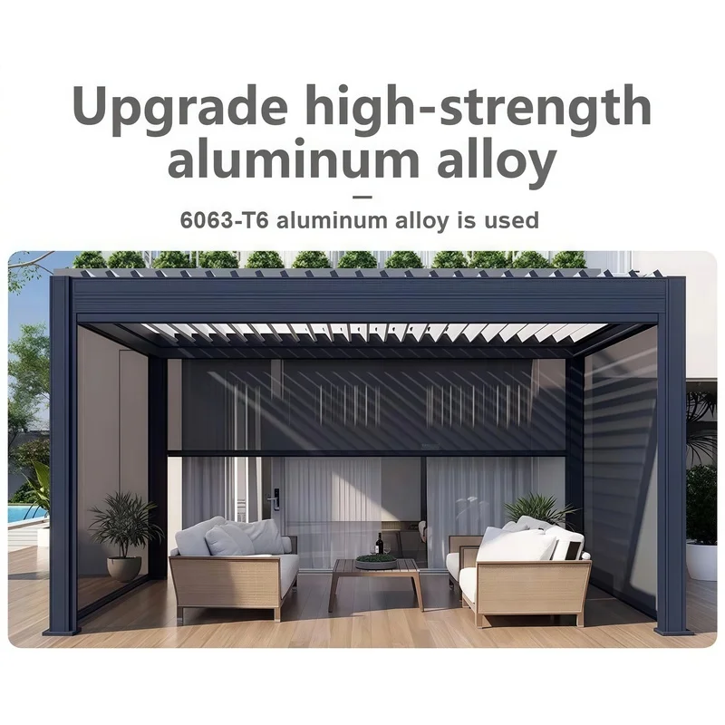 Bioclimatic Aluminum Gazebo with Automatic Louver Adjustment, Temperature Sensing Pergola Year-Round Outdoor Use