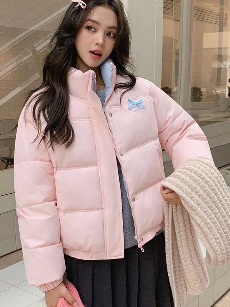 

Zoki зимние милые парки с бантом, женские корейские консервативные стильные теплые милые пышные пальто с длинным рукавом, свободная модная куртка с воротником-стойкой