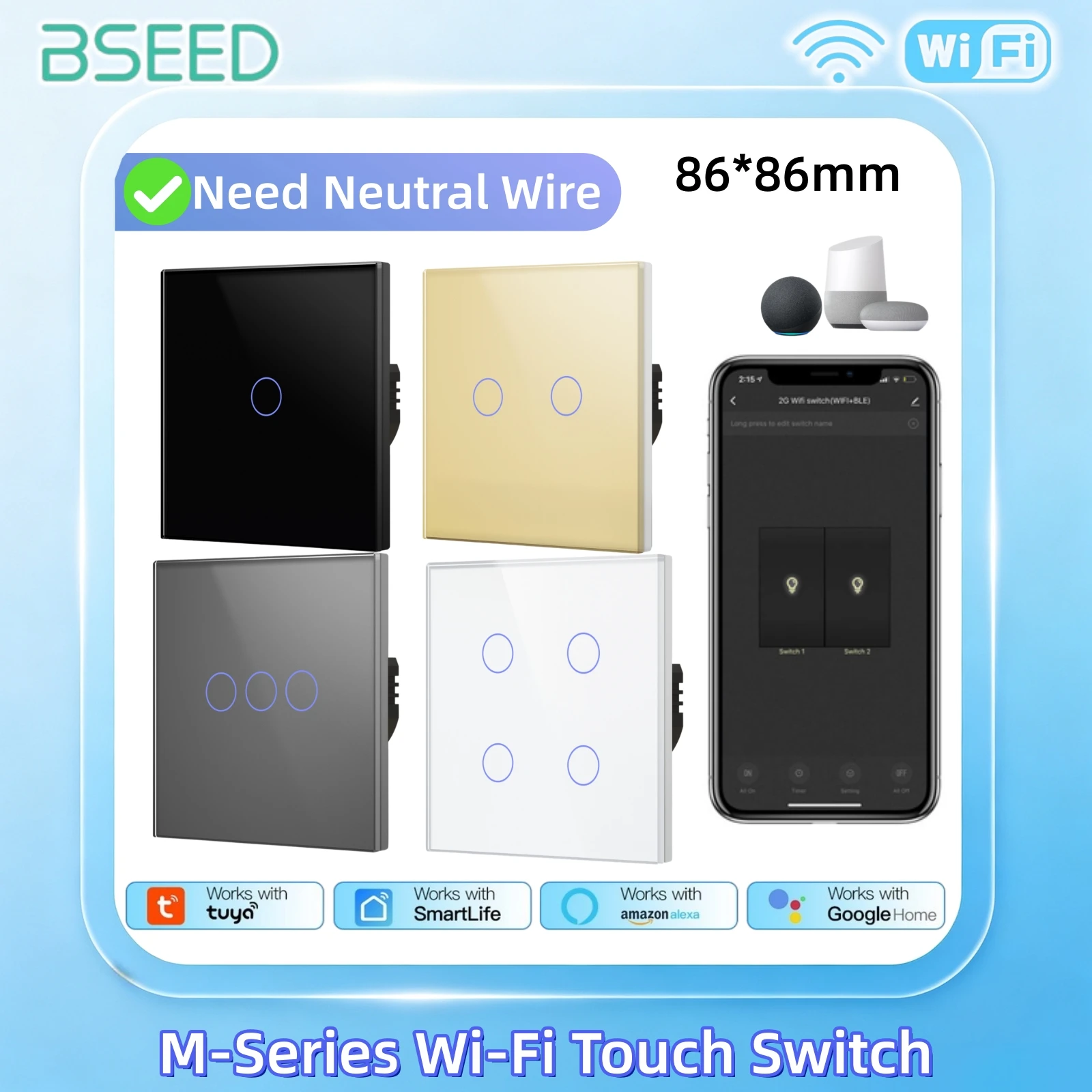 Bseed Wifi Smart Switch 1/2/3Gang Light Touch Switch Need Neutral Wire Crystal Glass Panel For Tuya Google Alexa Smart Life
