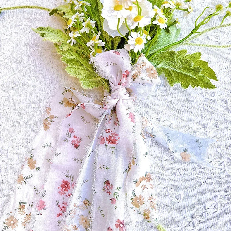 Printed Hand Torn Raw Edge Ribbons Rural Wind And Snow Spun Ribbons Small Fresh Flower Bouquet Ties Broken Flower Tassel Ribbons