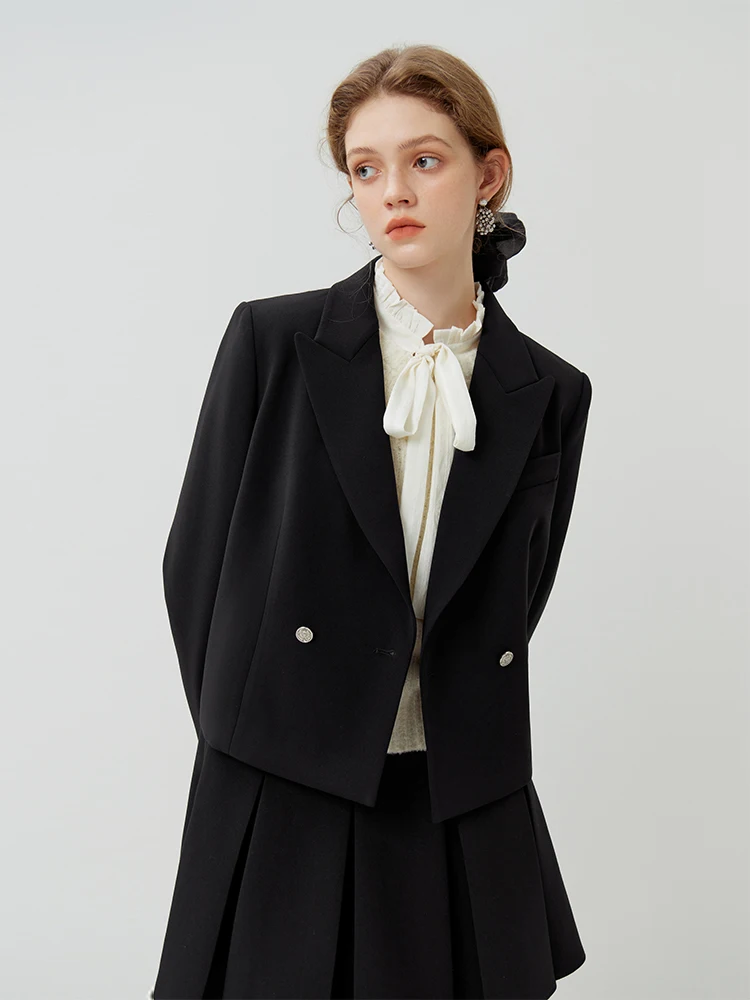 FSLE Peaked Lapel Women Cropped Black Blazers College Style Navy Blue Double Breasted Female Suits 2023 Office Lady Twill Blazer