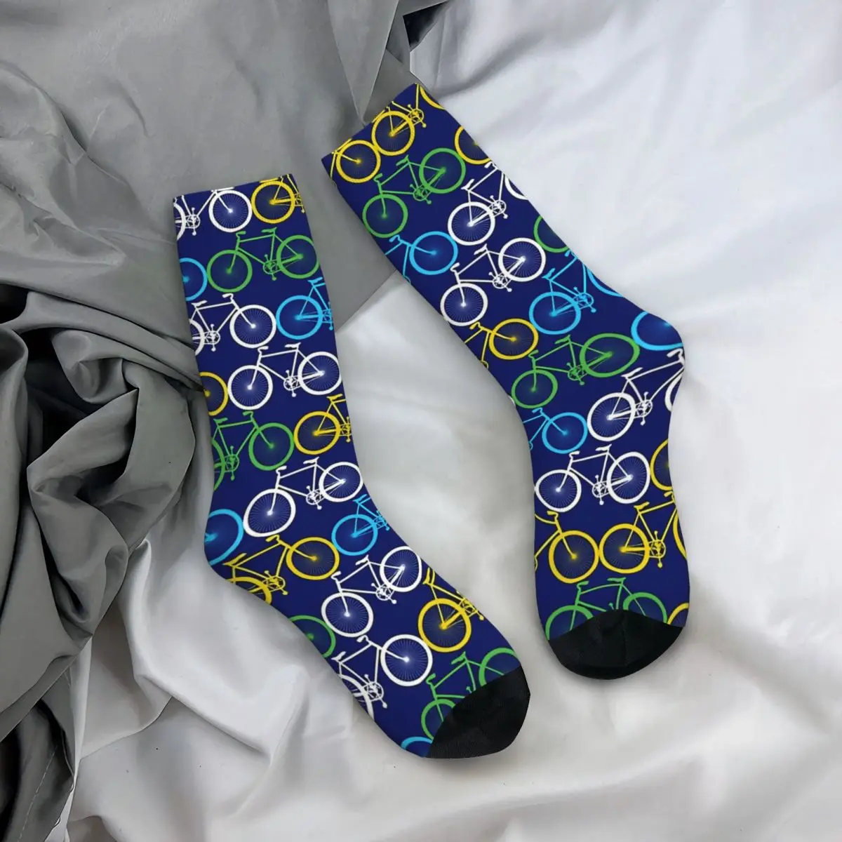 Funny Crazy Sock for Men Blue Hip Hop Harajuku Bicycle Bike Seamless Pattern Printed Boys Crew Sock Novelty Gift