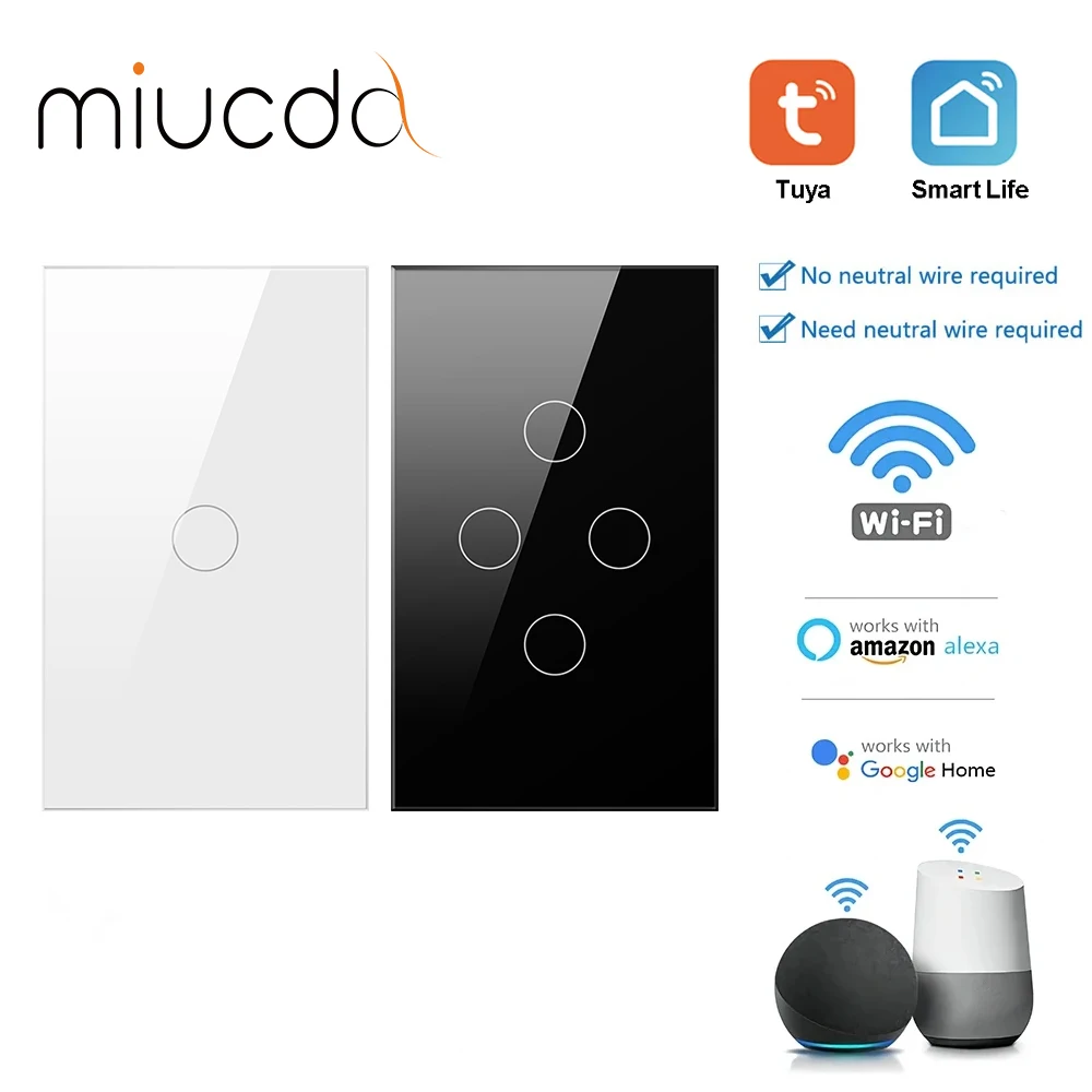 MIUCDA Tuya Smart Switches US Neutral Wire/No Neutral Wire Required 1 to 4 Gang Light WiFi Touch Switch Work & Alexa Google Home