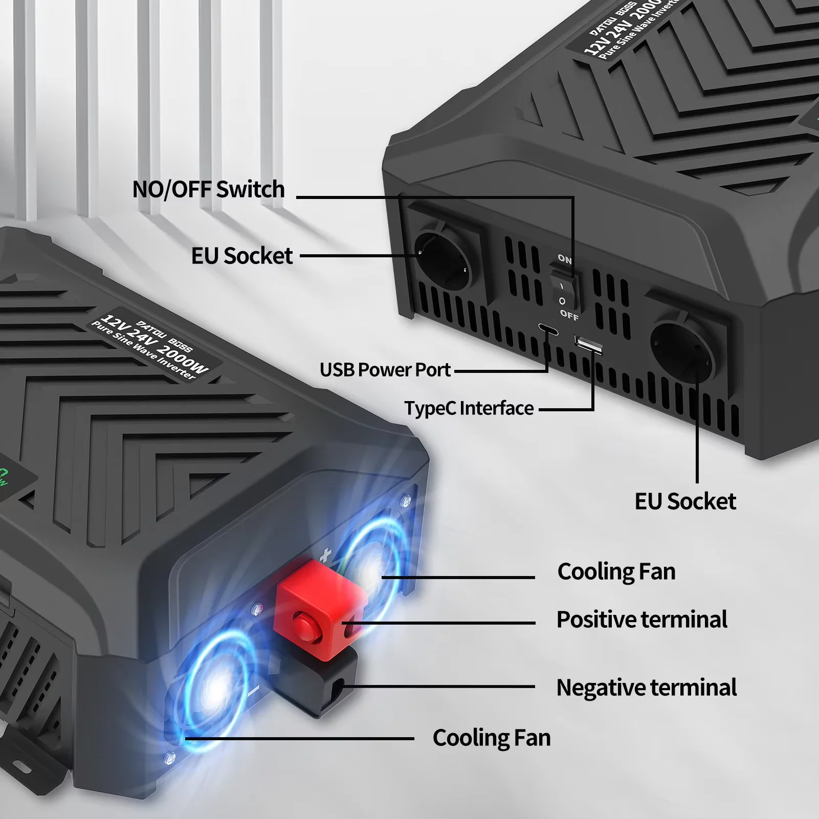 DATOUBOSS Portable Car Inverter 1200W 2000W 3000W Pure Sine Wave Dual Voltage Inverter 12V to 24V Auto Switching Solar Inverter