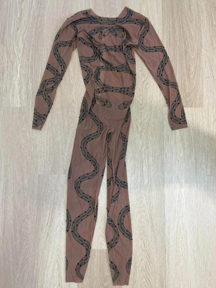 High Quality Hot Stamping Sexy Perspective Mesh Printed Elastic Jumpsuit New Fashion Custom Women'S Bodysuit