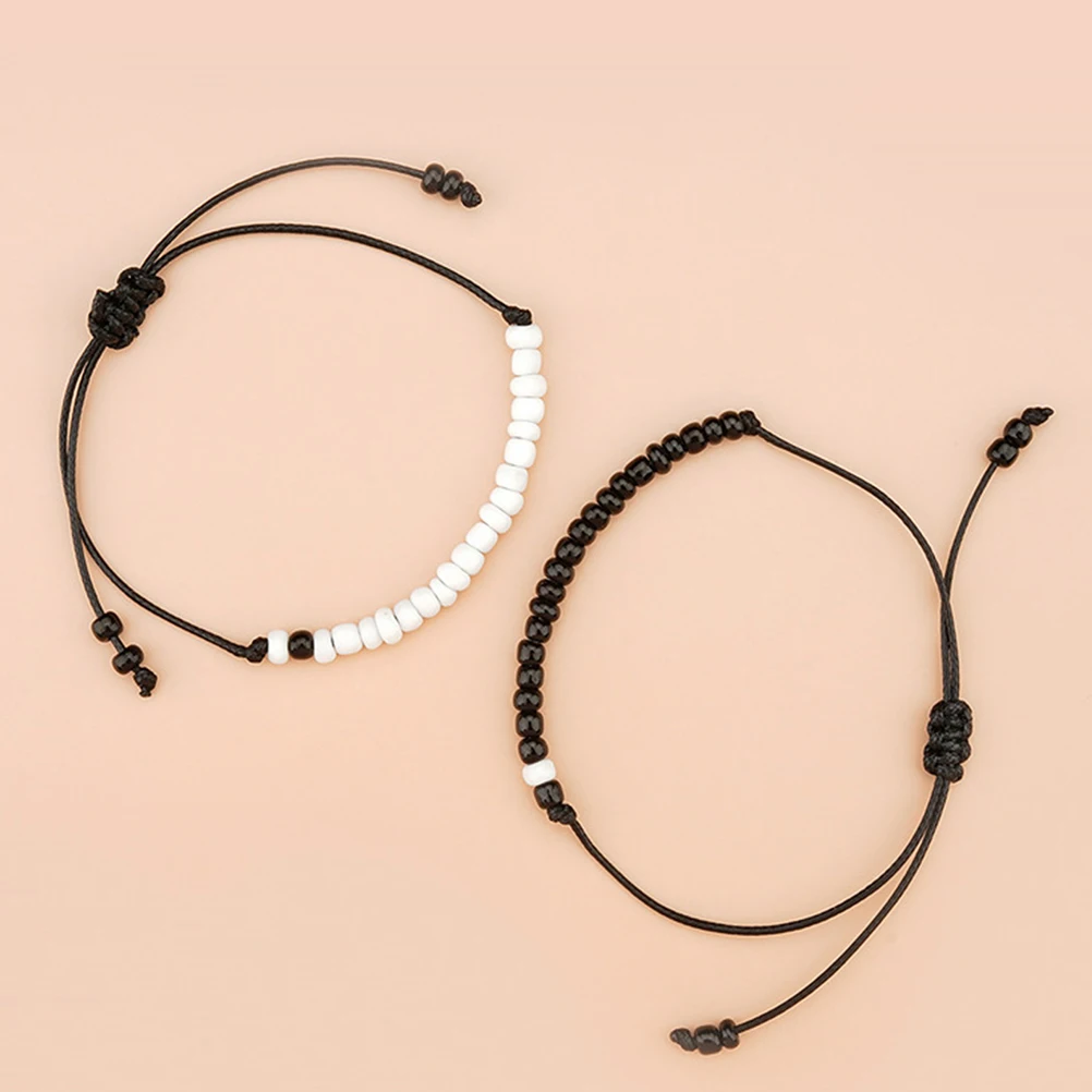 1Pair Black White Beaded Bracelet Braided Knot String Adjustable Friendship Bracelet Couple Relationship Jewelry Gift
