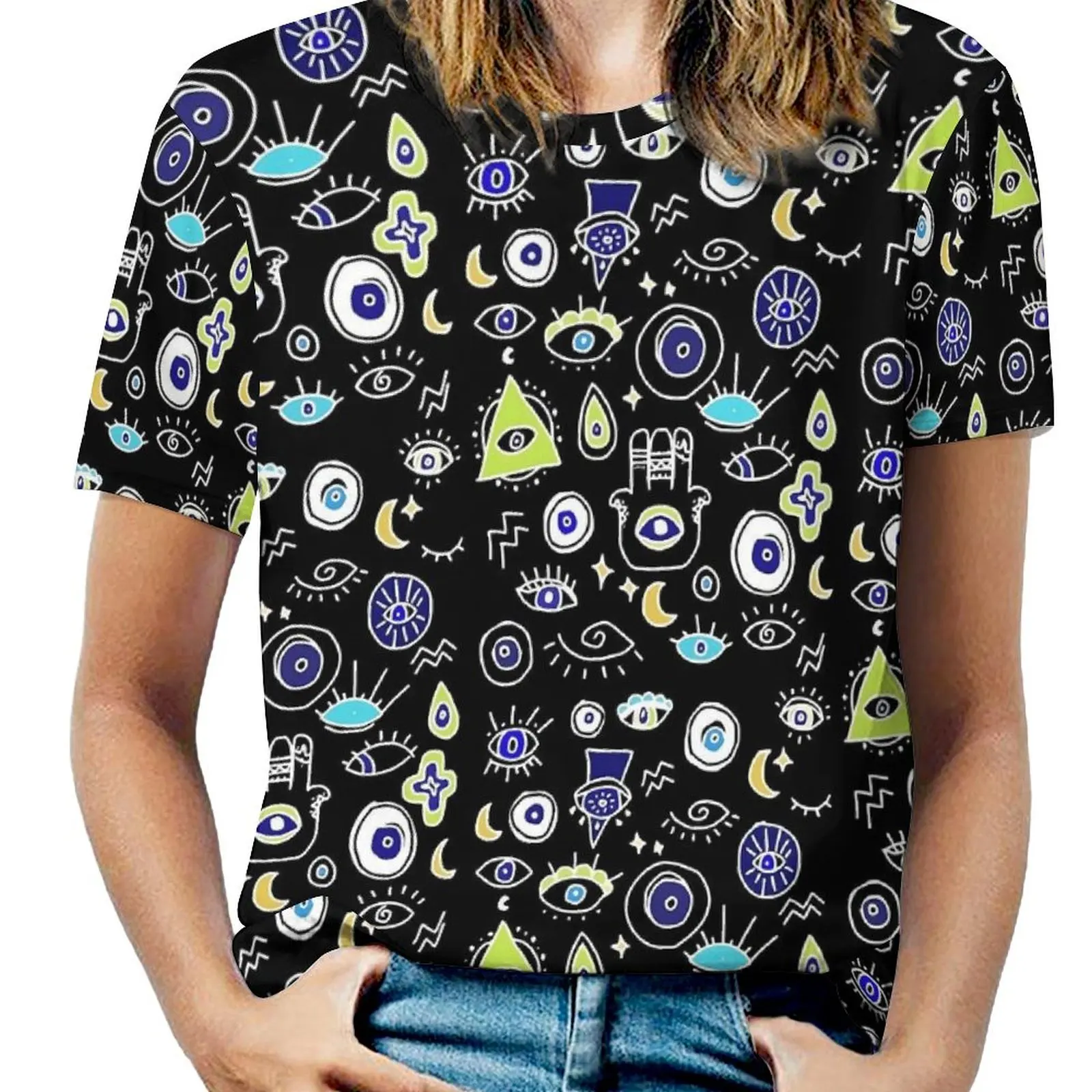 Evil Eye Ward T Shirt O Neck Protect Me Big Size T-Shirts Short-Sleeve Streetwear Tshirt Female Beach Aesthetic Printed Tops