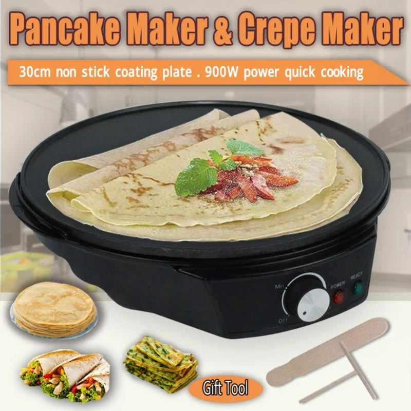 900W Electric Crepe Maker Griddle 30cm Nonstick Grill Pan Adjustable Temperature Control With Tools