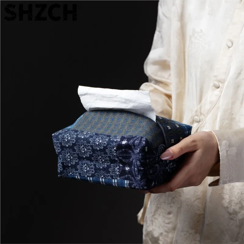 Handmade Fabric Indigo Retro Tissue Box Cotton Linen Color Matching Desktop Paper Storage Box Fabric Decoration Ornament ZI933