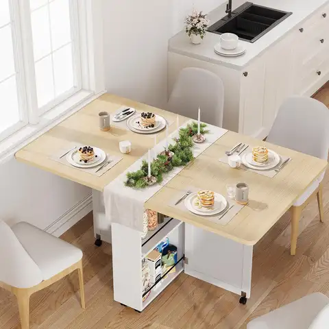 Folding Dining Table with Storage & 6 Wheels, Compact Kitchen Table with Drawer and Shelves for Small Spaces