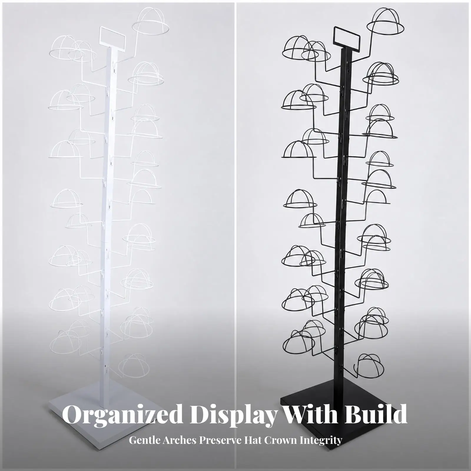 Freestanding Hat Display Rack Iron Vertical Post with Curved Wire Holders for Clothing Store Hat Storage Showcase