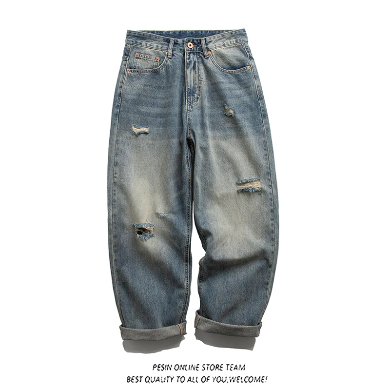 

Retro Waed Hole Denim Jeans Men's Loose Straight Leg Jeans Japanese Sle Trendy Brand New 2025 Youth Casual Wear