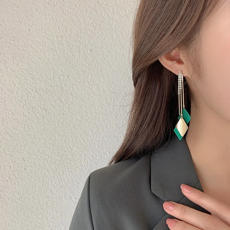 Korean Fashion Long and Wide Tassel Earrings Blue and Green Valentine\'s Day Gift Wedding Earrings Valentines Day Gift Jewelry