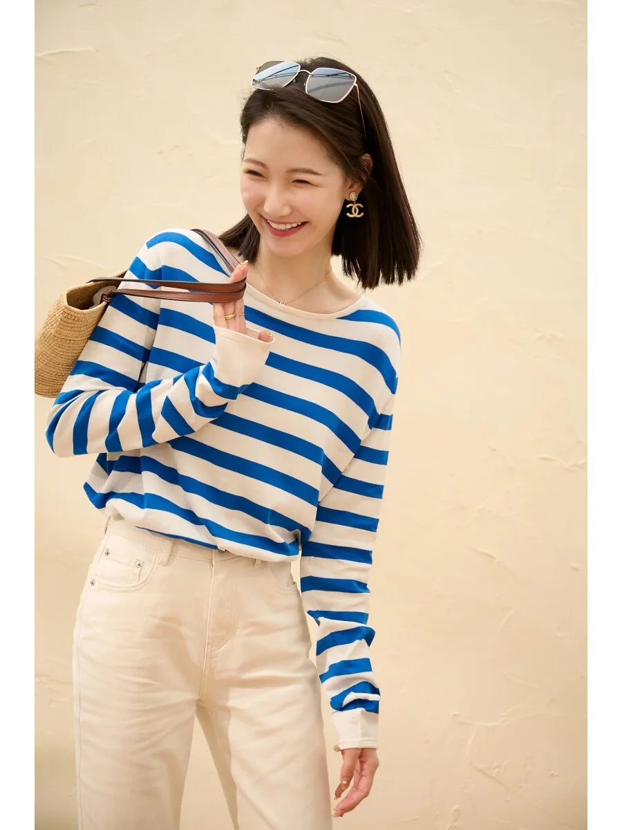 

JPOO Silk Linen Blend Striped Knit T-Shirt Women's Casual Style Long Sleeve round Neck Loose Fit Color Block Autumn Top