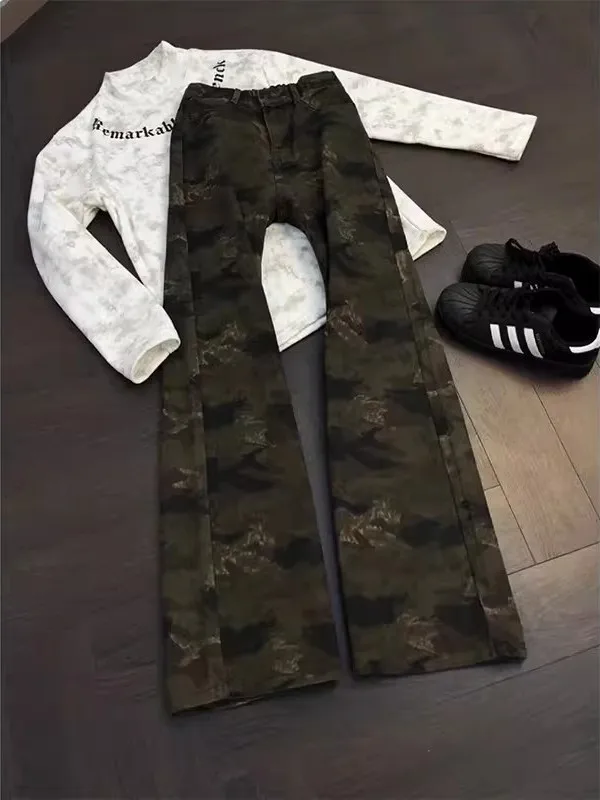

American Vibe Camouflage Fce Lined Straight Leg Workwear Jeans Cleanfit Slim Micro Flared Knife Pants for Men