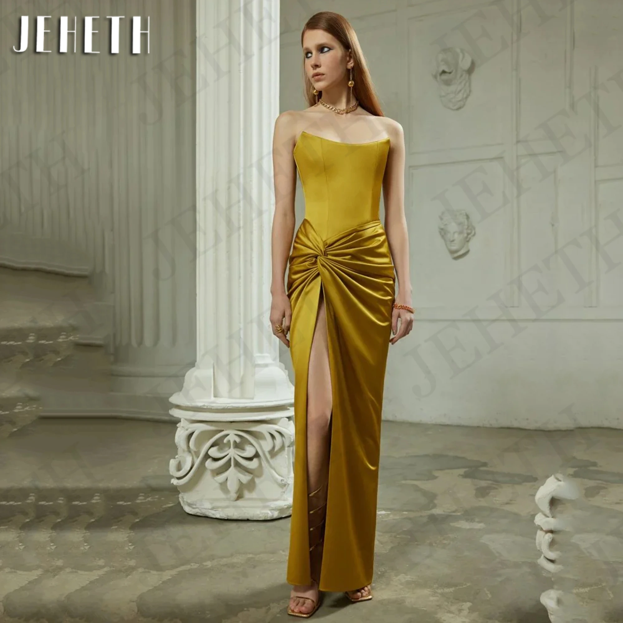 

JEHETH Gold Mermaid Evening Dresses 2024 Strapless Satin Split Formal Party Occasion Dress vestidos de noche Sleeveless Women