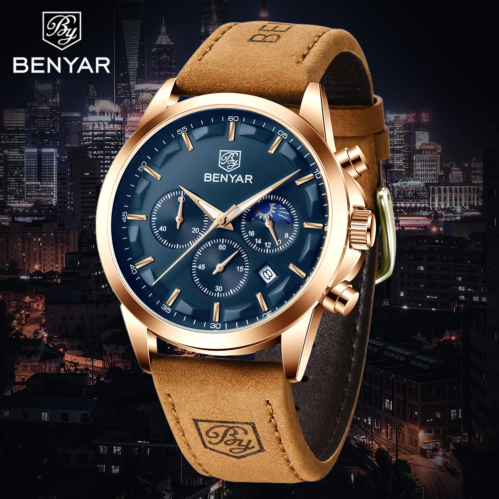 

Benyar 2024 New Fashion Brand Men's Luxury Quartz Watch High Quality Waterproof Leather Luminous Pointer Watch Reloj Hombre