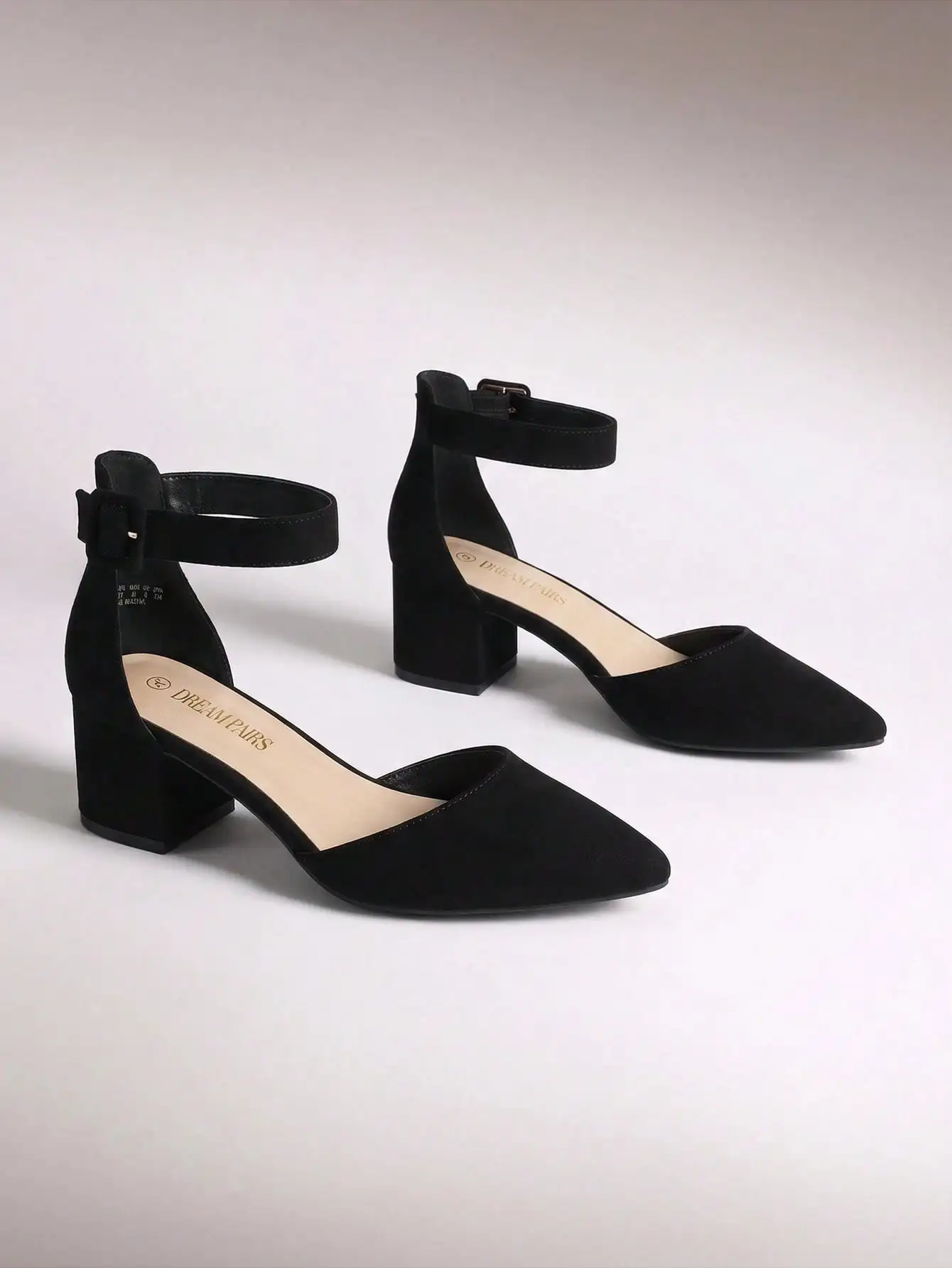 Women Pointed Toe Low Chunky Heels Pumps Ankle Strap Elegant Versatile Simple Shoes For Daily Commute & Business
