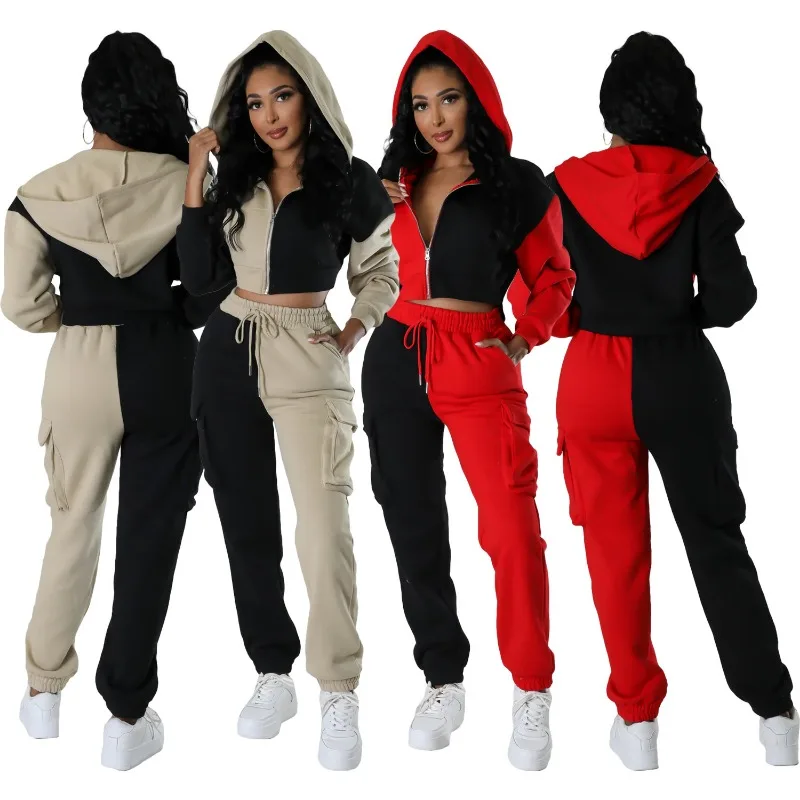 Color Patchwork Fleece 2 Two Piece Set Women Tracksuits Long Sleeve Zipper Hooded Sweatshirts Crop Top Cargo Pants Jogger Suits