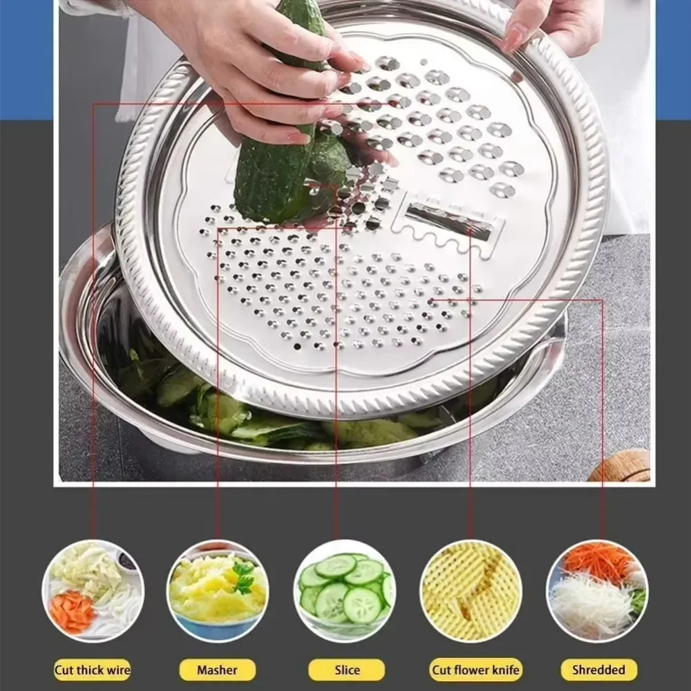 Stainless Steel Vegetable Slicer Grater 3 in 1 Multifunctional Rice Washing Drain Basket Sink Vegetable Cutter Colander Kitchen