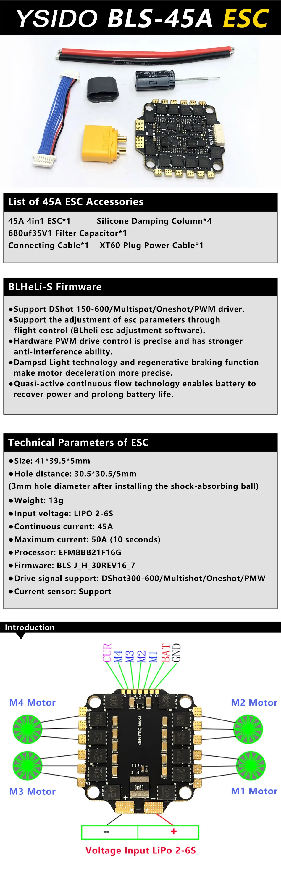 YSIDO NEW F4 V3S PLUS Flight Control FC Support BetaFlight/INAV BLS-45A/60A 4in1 ESC Stack For RC FPV Drone Plane Quadcopter