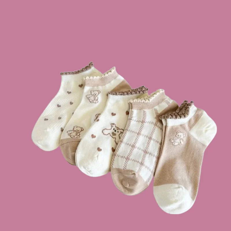 Chaussettes décontractées en dentelle de forêt pour femmes, bouche peu profonde, mince, mignon, style café, ours, qualité supérieure, printemps, été, 5/10 paires