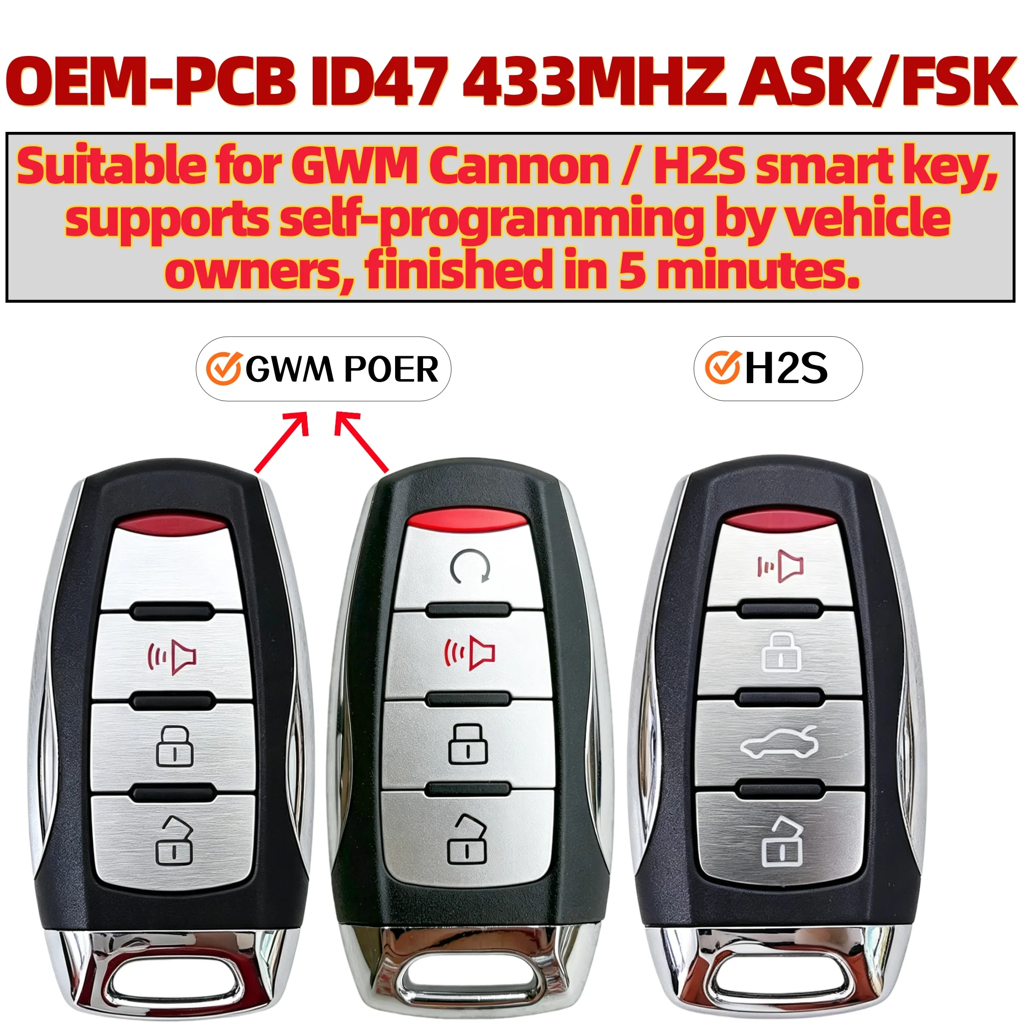 Suitable for Great Wall Poer/H2S Smart Keys, Supports Self-Programming by the Car Owner to Complete the Process in 5 Minutes, 433Mhz 47Chip