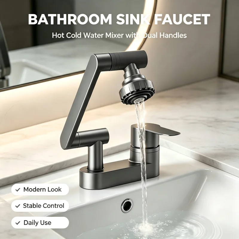 2 Modes Nozzle Tap Wash Basin Faucets Bathroom Faucet Double Hole Hot and Cold Tap Rotation Household Mixing Valve