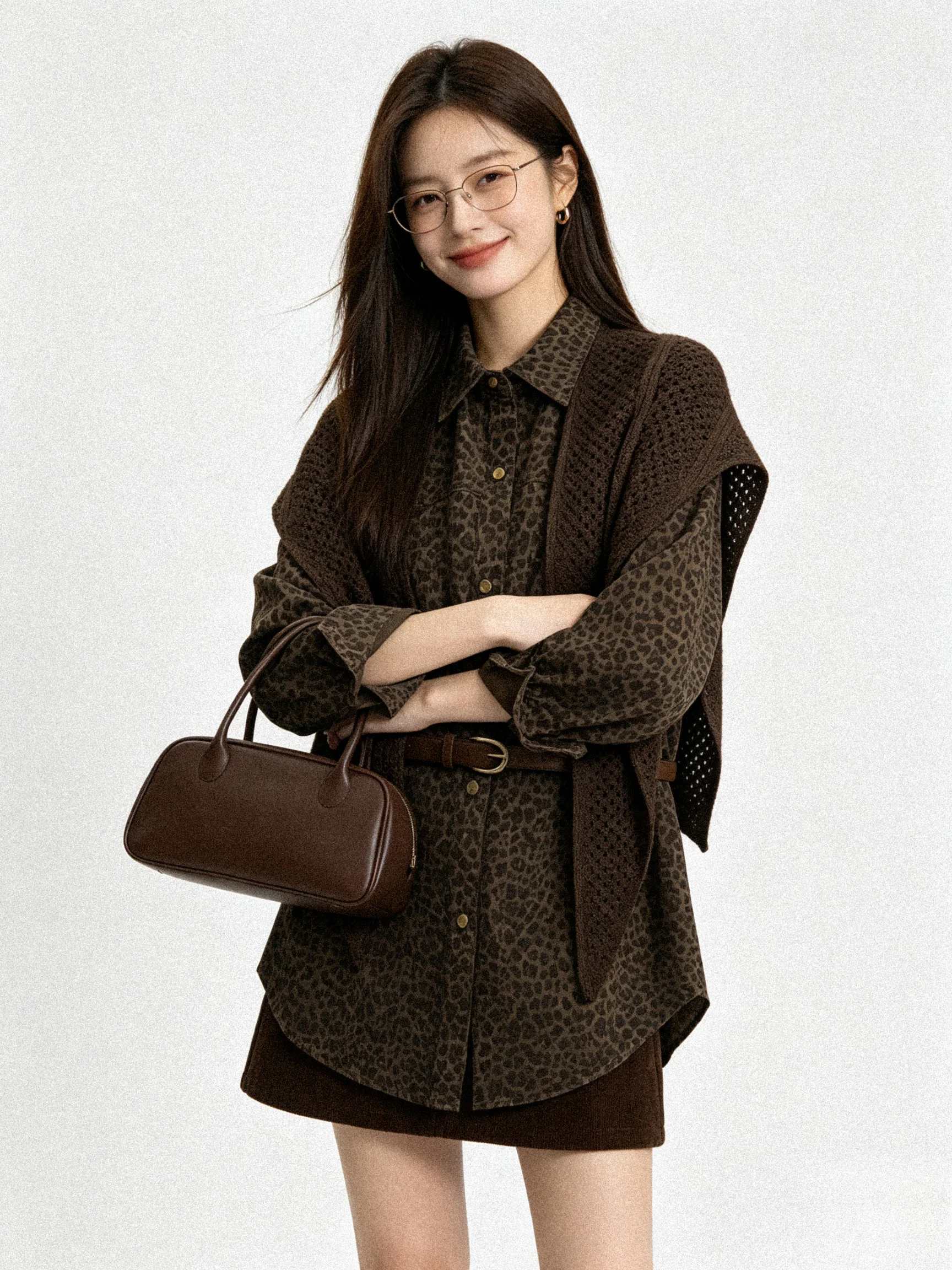 Retro Money Style Early Autumn Hong Kong Style Leopard Print Shirt Hollow out Collar Loose Two-Piece Set Turn-down Collar Shi...