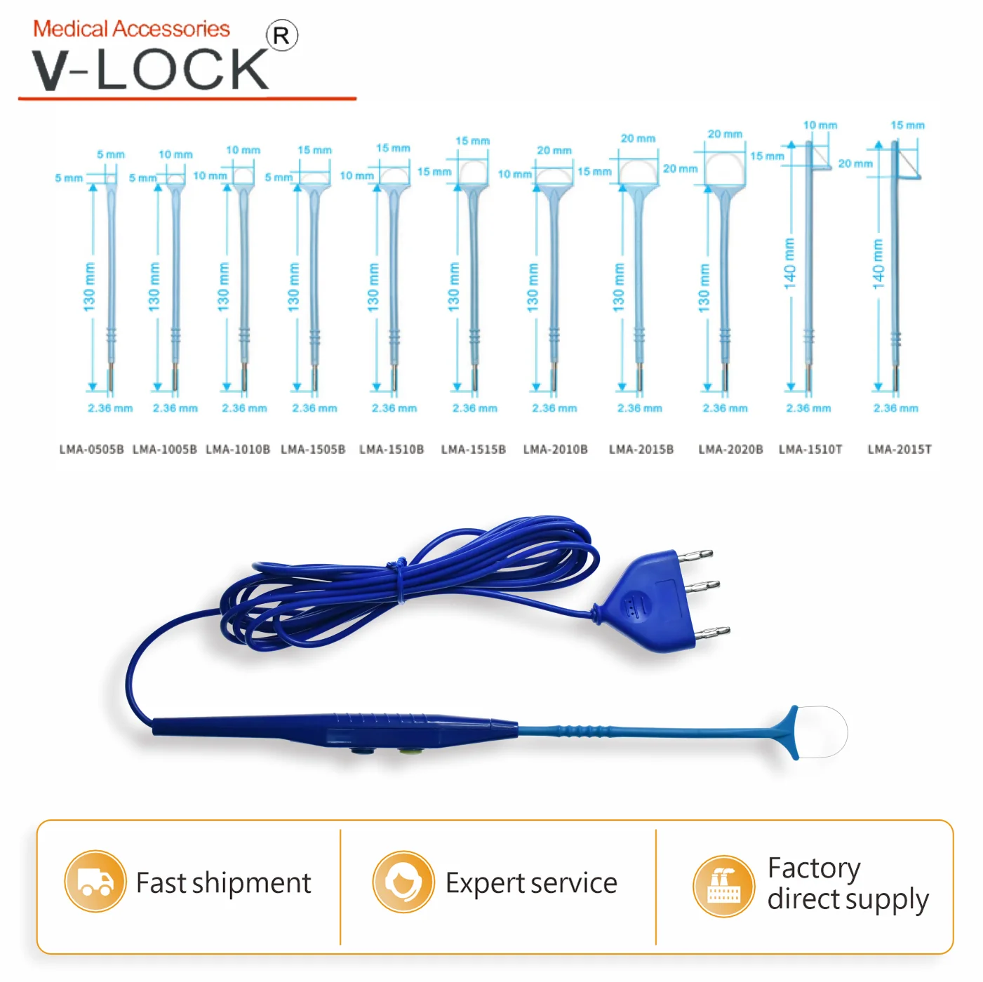 V‑Lock Disposable Electrosurgical Handle Pencil With Tungsten Loop Electrode 130Mm Length 2.36Mm Shaft